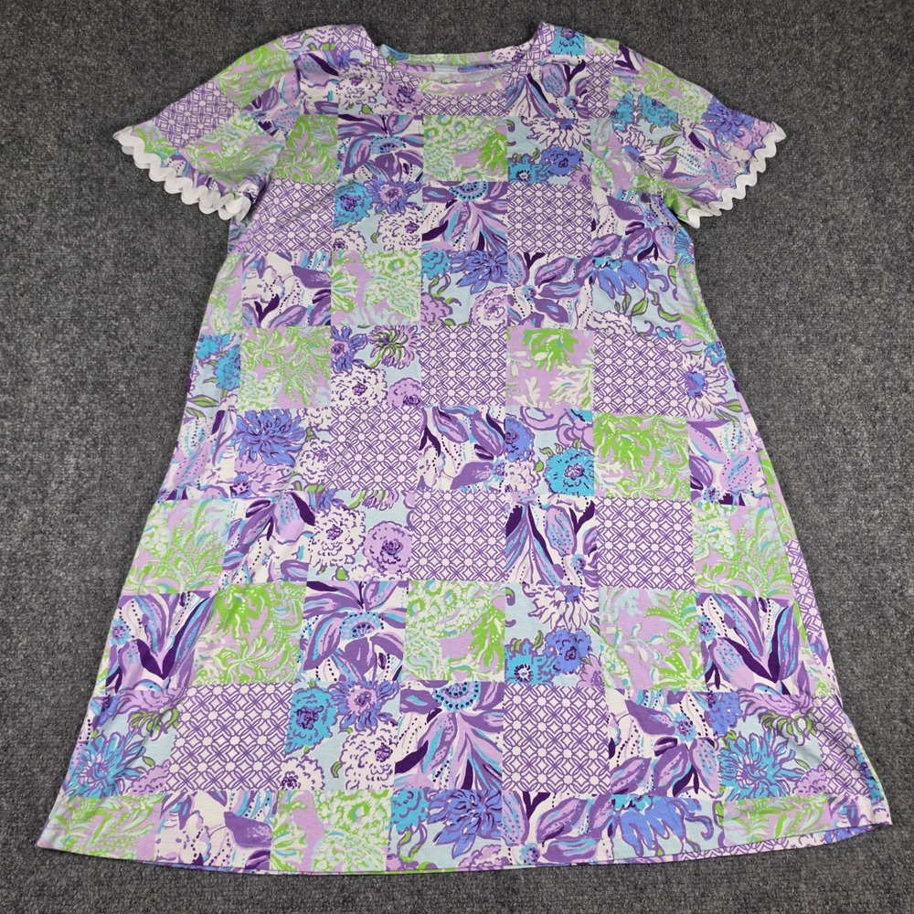 Lilly Pulitzer Dress Womens XL Purple Patchwork Scallop Sleeve Cotton 017867